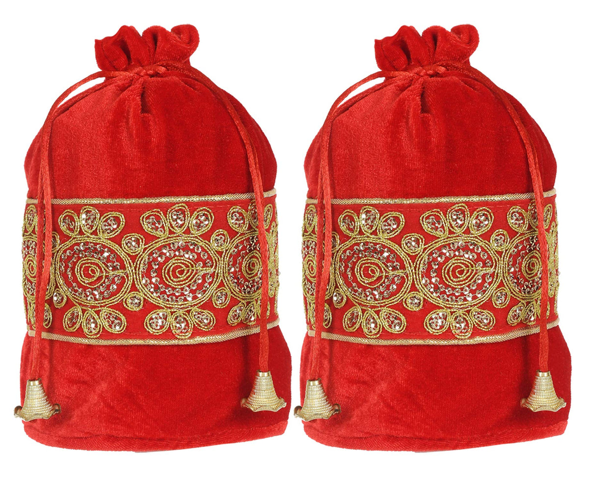 Kuber Industries Embroidered Design Potli Bags Handbags for Women Gifting Wristlets for Wedding, Festival, Kitty Subh Shagun-Pack of 2 (Red)