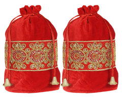 Kuber Industries Embroidered Design Potli Bags Handbags for Women Gifting Wristlets for Wedding, Festival, Kitty Subh Shagun-Pack of 2 (Red)