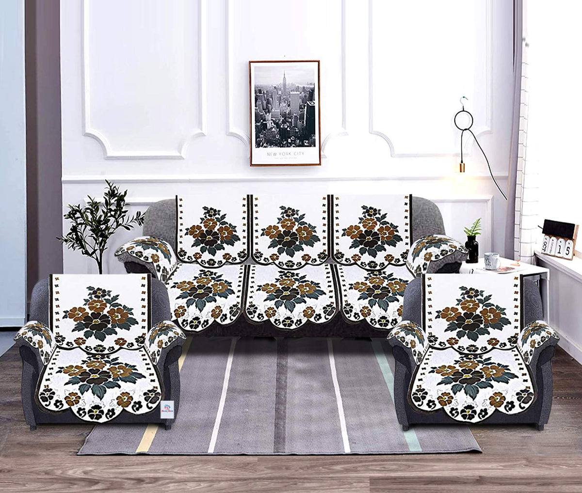 Heart Home Floral Design Cotton 5 Seater Sofa Cover with 6 Pieces Arms Cover Use Both Side HEART11975 - Set of 16, (White and Brown)