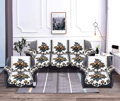Heart Home Floral Design Cotton 5 Seater Sofa Cover with 6 Pieces Arms Cover Use Both Side HEART11975 - Set of 16, (White and Brown)