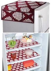 Kuber Industries Flower Design 3 Pieces PVC Fridge Mats and 1 Piece Fridge Top Cover (Maroon) (KUBMART02845)