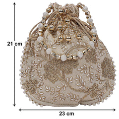 Heart Home Embroidery Drawstring Potli|Hand Purse With Gold Pearl Border & Handle For Woman,Girls Pack of 2 (Cream & Green)