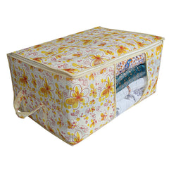 Kuber Industries Flower Design 2 Piece Non Woven Underbed Storage Bag, Storage Organiser, Blanket Cover with Transparent Window, Extra Large, Ivory & Red CTKTC034482