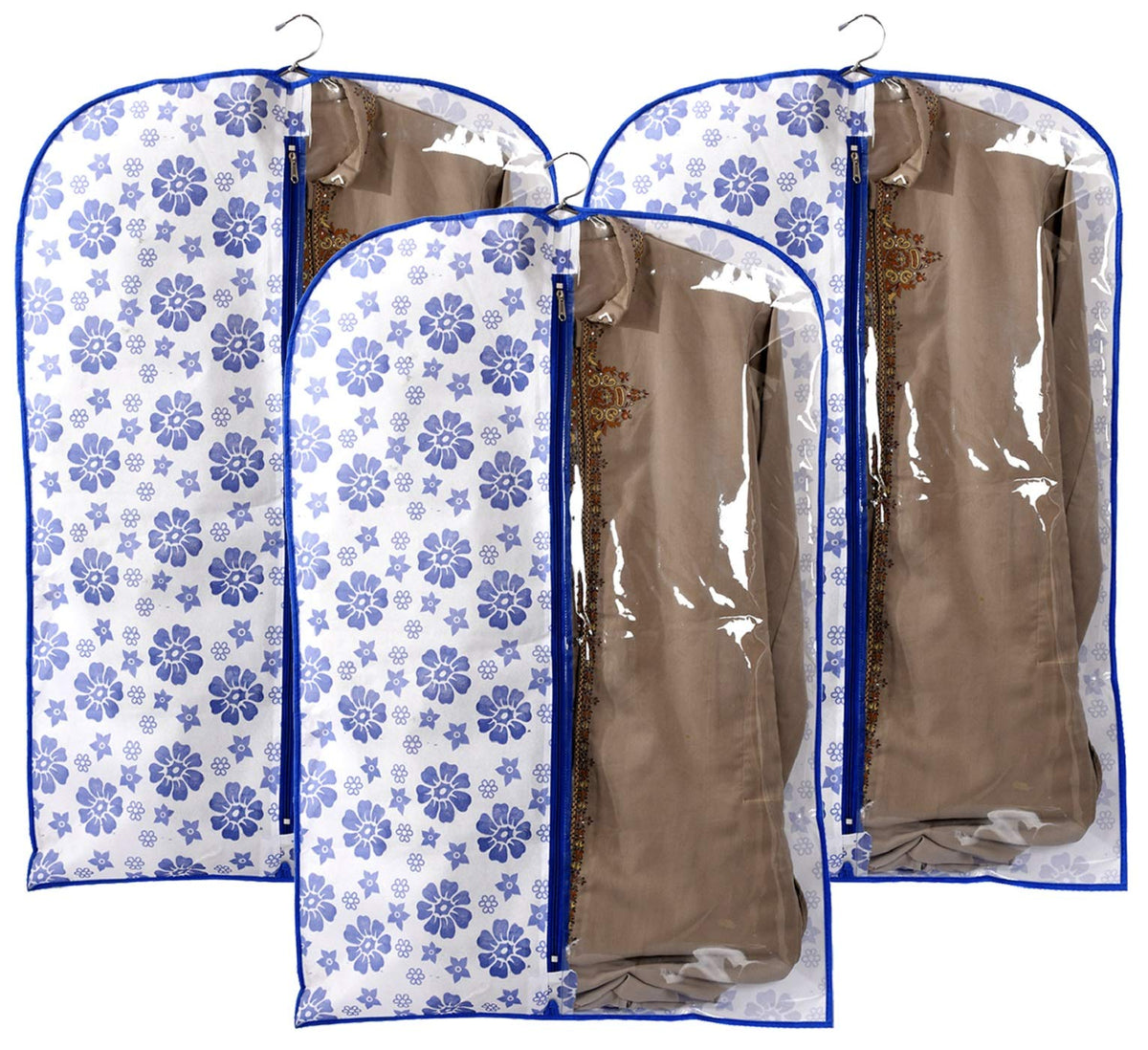 Kuber Industries Flower Printed 3 Pieces Half Transparent Non Woven Men's Coat Blazer Cover (Blue) -CTMTC39452