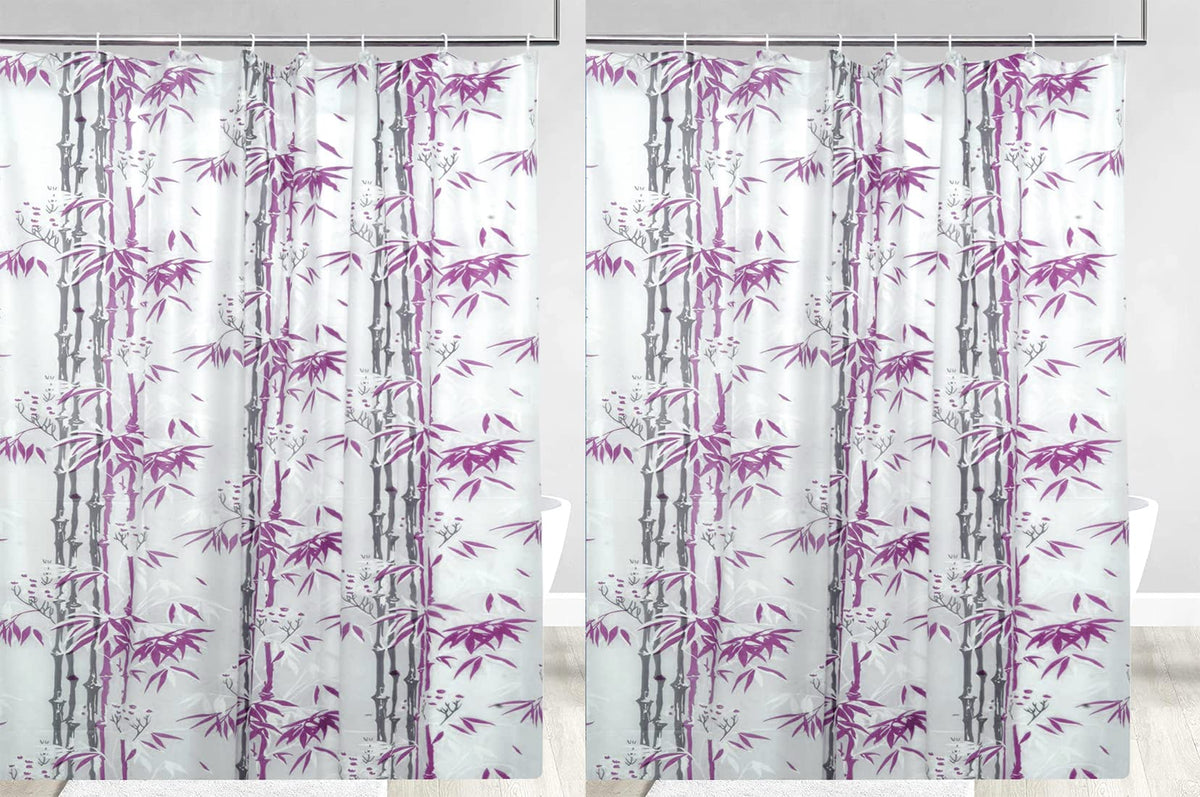 Heart Home Bamboo Printed Stain Resistant, No Odor, Waterproof PVC AC/Shower Curtain with Hooks,7 Feet- Pack of 2 (Grey)