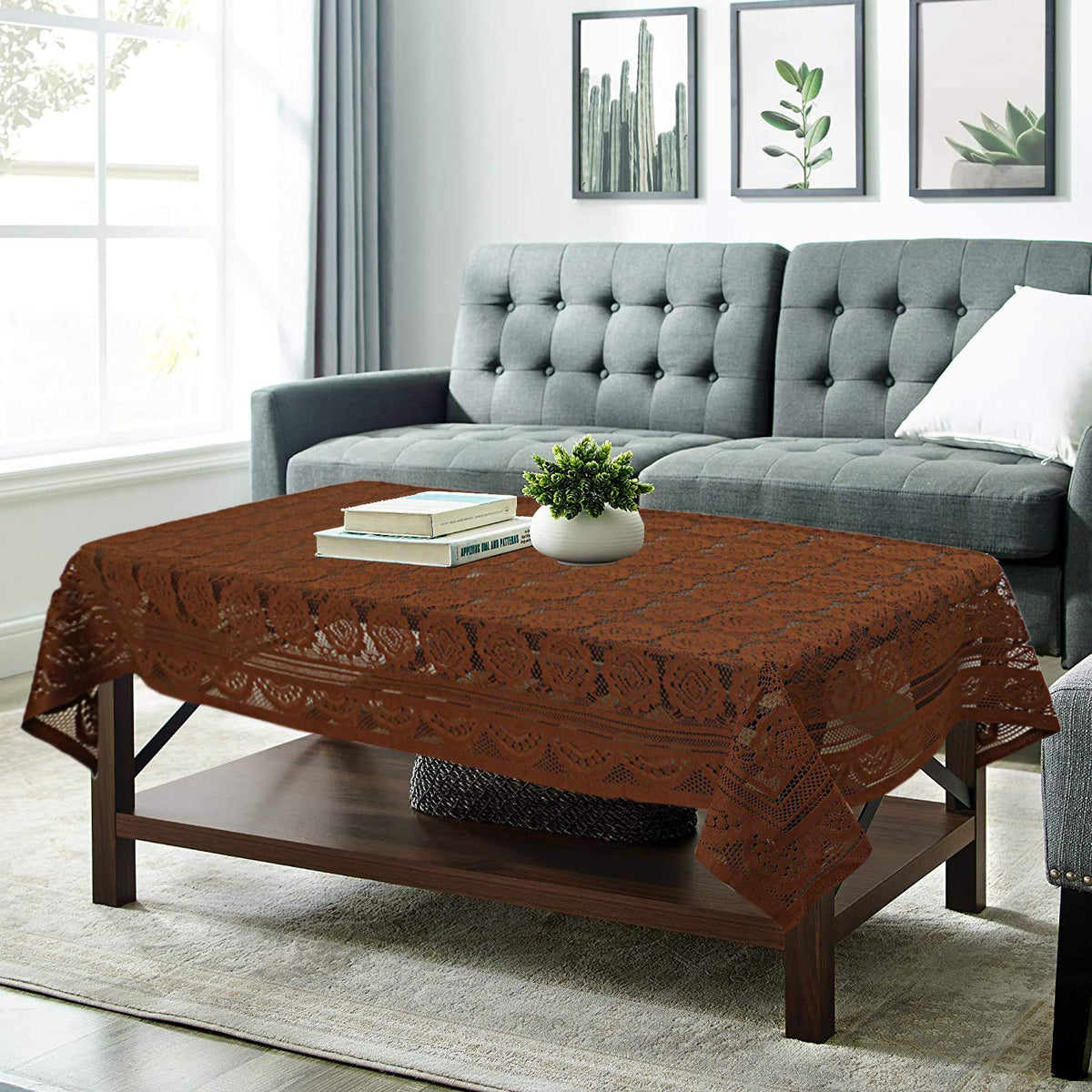 Kuber Industries Circle Design Cotton 4 Seater Center Table Cover - (Brown)-KUBMART2719