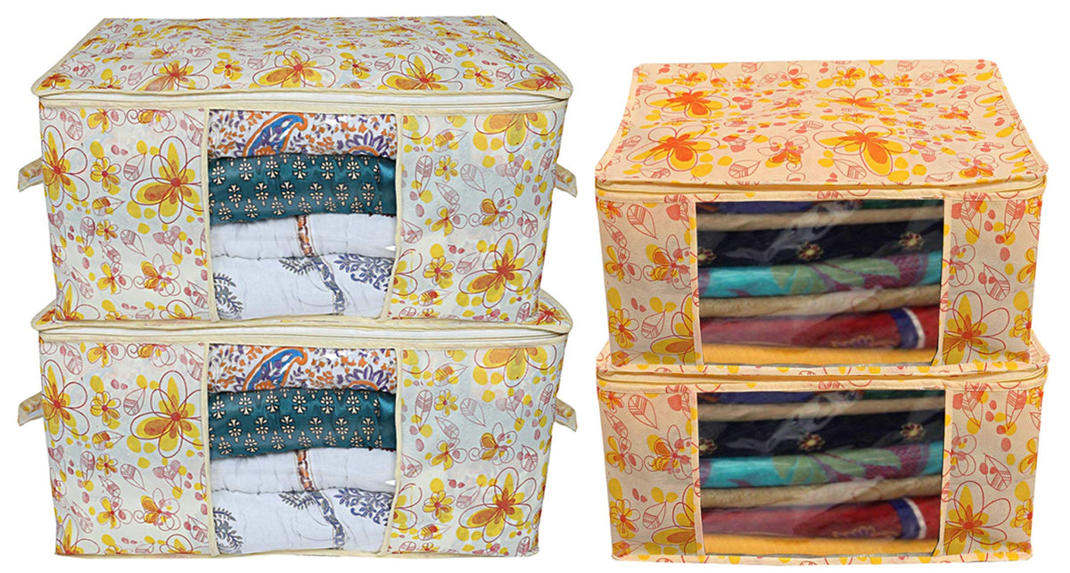 Kuber Industries Flower Printed Non Woven 2 Pieces Saree Cover and 2 Pieces Underbed Storage Bag, Cloth Organizer for Storage, Blanket Cover Combo Set (Ivory & Red) -CTKTC38632