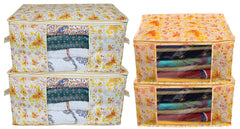 Kuber Industries Flower Printed Non Woven 2 Pieces Saree Cover and 2 Pieces Underbed Storage Bag, Cloth Organizer for Storage, Blanket Cover Combo Set (Ivory & Red) -CTKTC38632