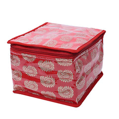 Kuber Industries Brocade Jewellery kit with 10 Pouch|Solid Print With Waterproof Outer Material|10 Pouches & Zipper Closure|Size 19 x 18 x 13, Pack of 1 (Red)