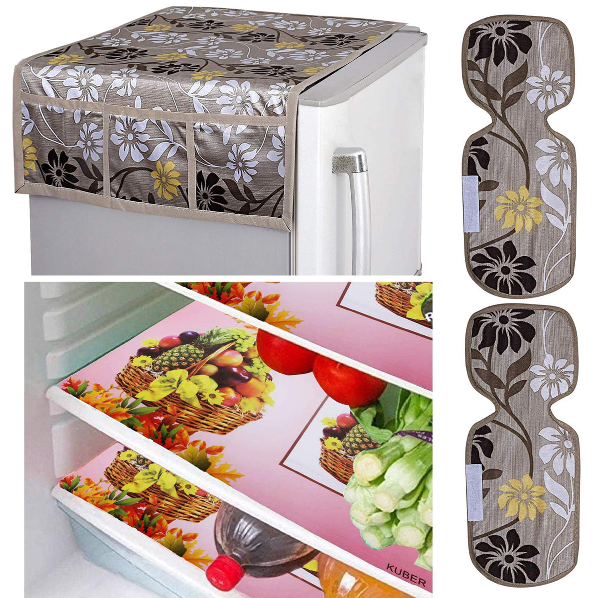 Kuber Industries Flower Design Combo PVC 3 Pieces Fridge Mats, 2 Piece Handle Cover and 1 Piece Fridge Top Cover(Gold)-CTKTC024427