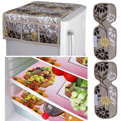 Kuber Industries Flower Design Combo PVC 3 Pieces Fridge Mats, 2 Piece Handle Cover and 1 Piece Fridge Top Cover(Gold)-CTKTC024427