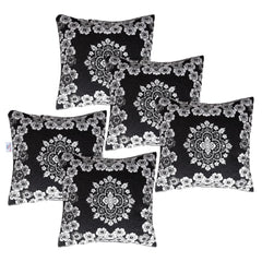 Heart Home Cushion Cover | Sofa Cushion Covers | Embossed Square Cushion Covers | Jute Cushion Covers | Flower Print Couch Cushion Covers | Set of 5 | 16 Inch | Black