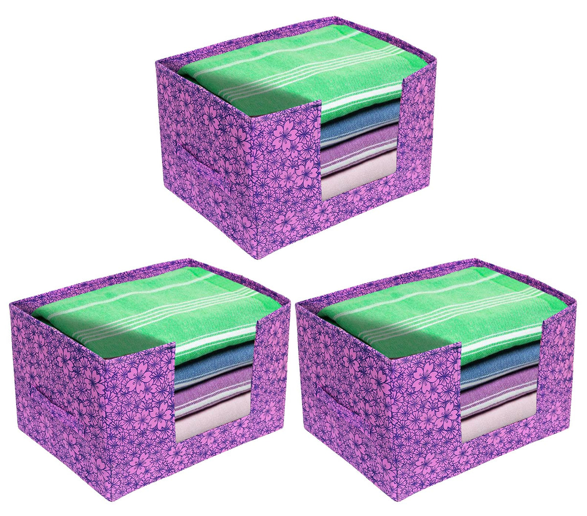 Heart Home Flower Printed Multiuses Non-Woven Closet Organizer, Storage Bin, Shelf Storage Oragnizer With Handle- Pack of 3 (Purple)-HS43HEARTH26385