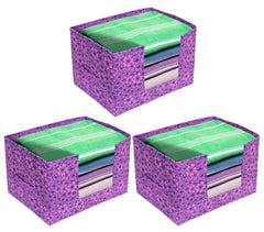 Heart Home Flower Printed Multiuses Non-Woven Closet Organizer, Storage Bin, Shelf Storage Oragnizer With Handle- Pack of 3 (Purple)-HS43HEARTH26385