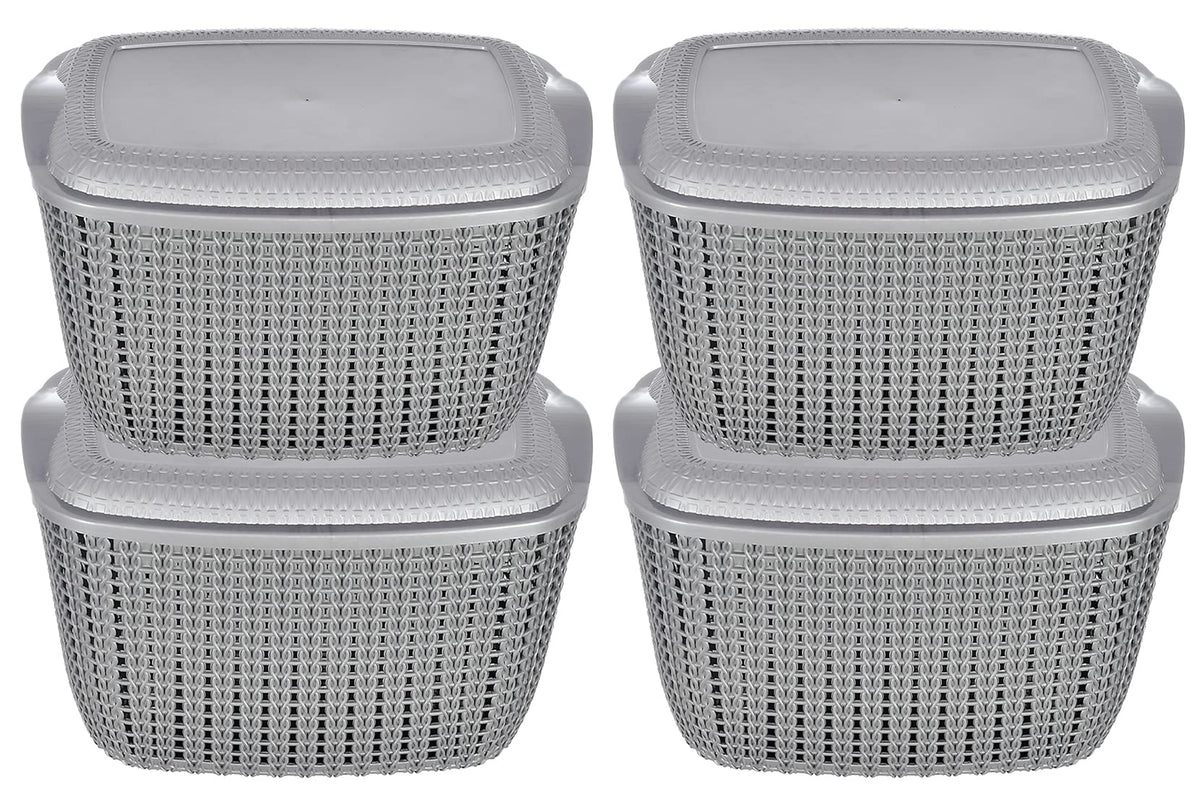 Heart Home Multipurposes Small M 25 Plastic Basket, Organizer For Kitchen, Countertops, Cabinets, Bathroom With Lids- Pack of 4 (Grey) -46HH034
