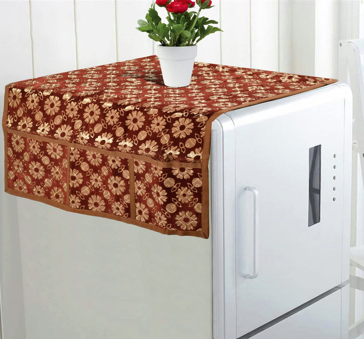 Kuber Industries Floral Design Velvet Fridge Top Cover with 4 Utility Side Pockets (Brown)-HS_38_KUBMART21078, Standard