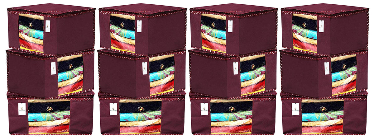 Kuber Industries 12 Pieces Non Woven Fabric Saree Cover/Clothes Organiser for Wardrobe Set with Transparent Window, Extra Large (Maroon)-KUBMART2761