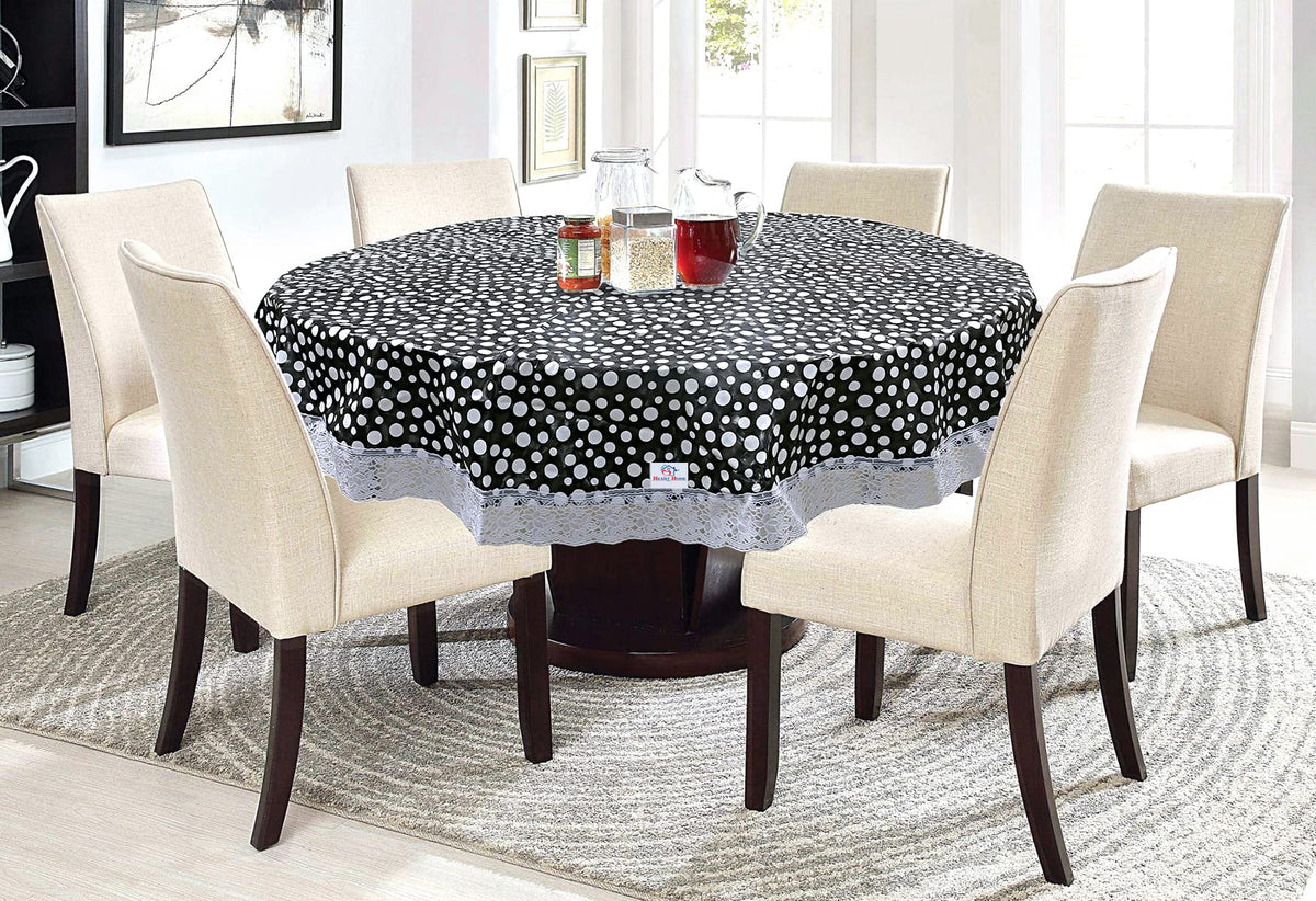 Heart Home Dot Printed 72 Inch 6 Seater PVC Round Table Cover with Lace Border (Black & White)-HS43HEARTH26596