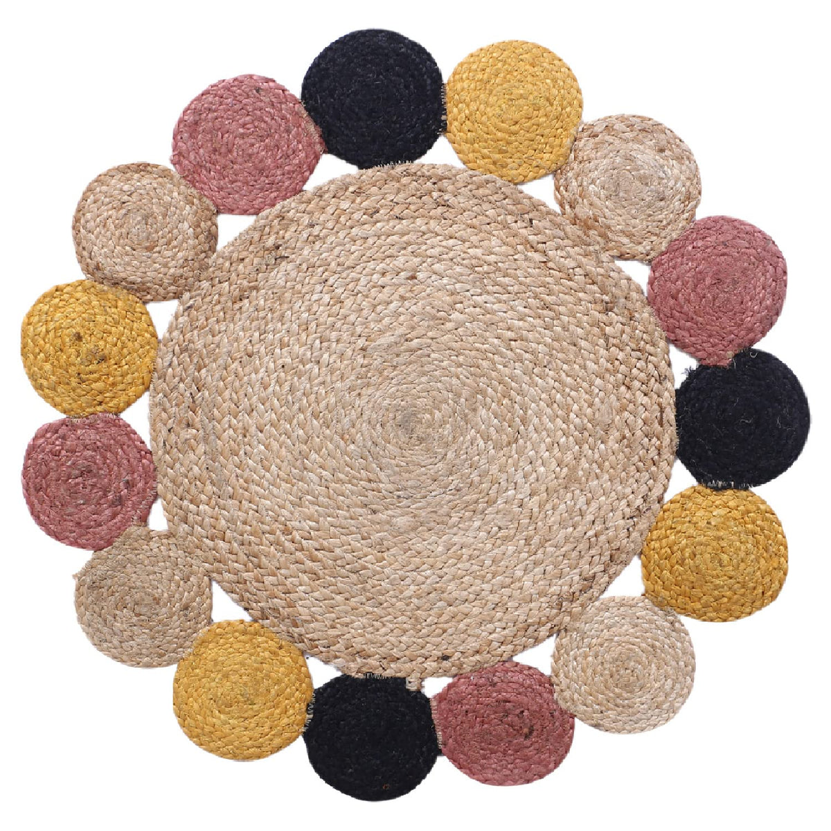 Kuber Industries Hand Woven Carpet Rugs|Natural Solid Braided Jute Door mat|Multicolor Circle Border for Bedroom,Living Room,Dining Room,Yoga,74x74 cm,(Brown)
