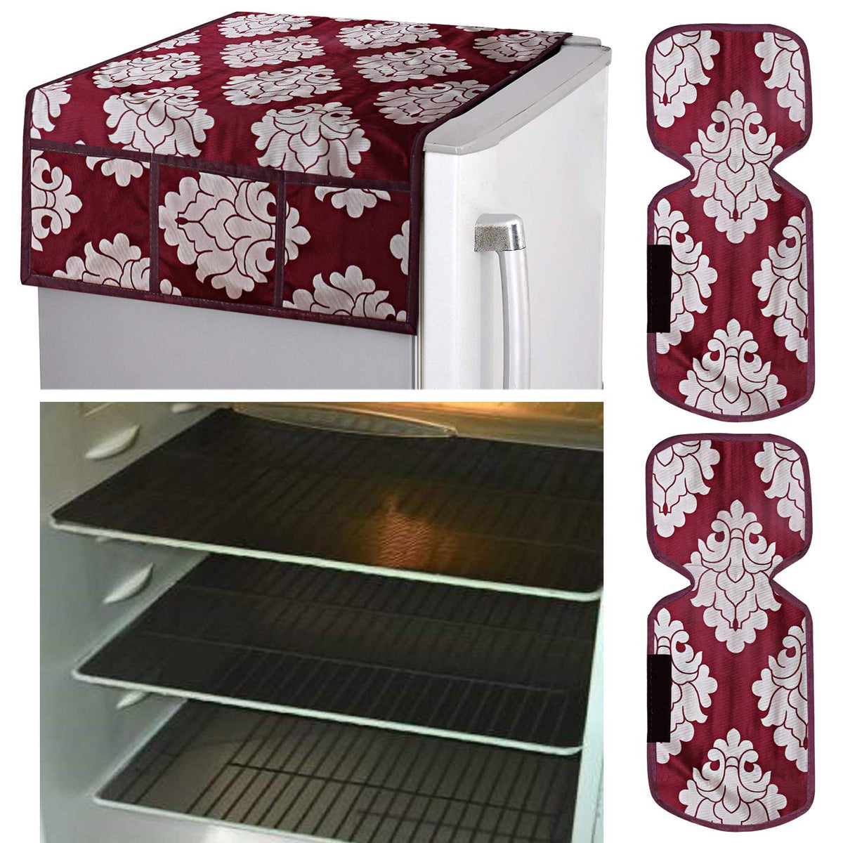 Kuber Industries Flower Design Combo PVC 3 Pieces Fridge Mats, 2 Piece Handle Cover and 1 Piece Fridge Top Cover(Maroon)