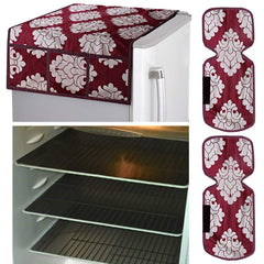 Kuber Industries Flower Design Combo PVC 3 Pieces Fridge Mats, 2 Piece Handle Cover and 1 Piece Fridge Top Cover(Maroon)