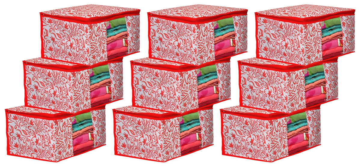 Heart Home Floral Printed Non-Woven Saree Cover, Clothes Organiser, Storage Bag For Wardrobe With Tranasparent Window- Pack of 9 (Pink)-HS43HEARTH26114