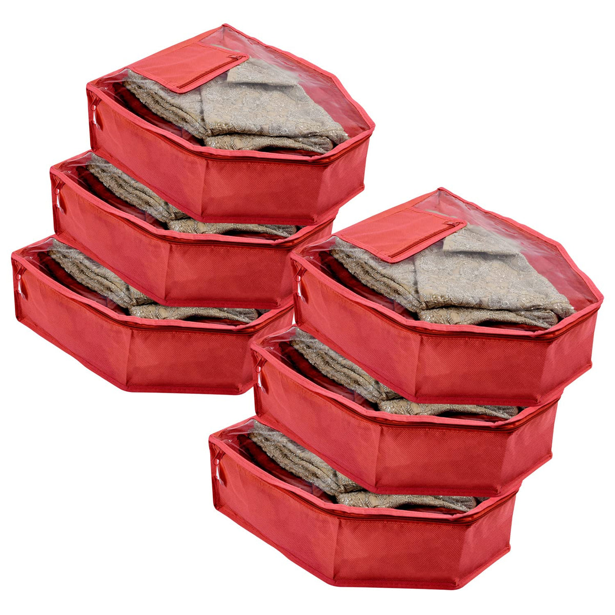 Kuber Industries Blouse Cover | Non Woven Foldable Wardrobe Organizer For Woman | Cloth Organizer Top Transparent & One Small Pocket | Pack of 6 | Red