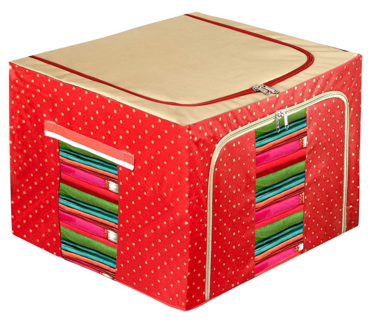 Kuber Industries Dots Print Living Box - Wardrobe Organizer, Cloth Storage Bags with Zip - 66 Litre,Red (F_26_KUBMART016907)