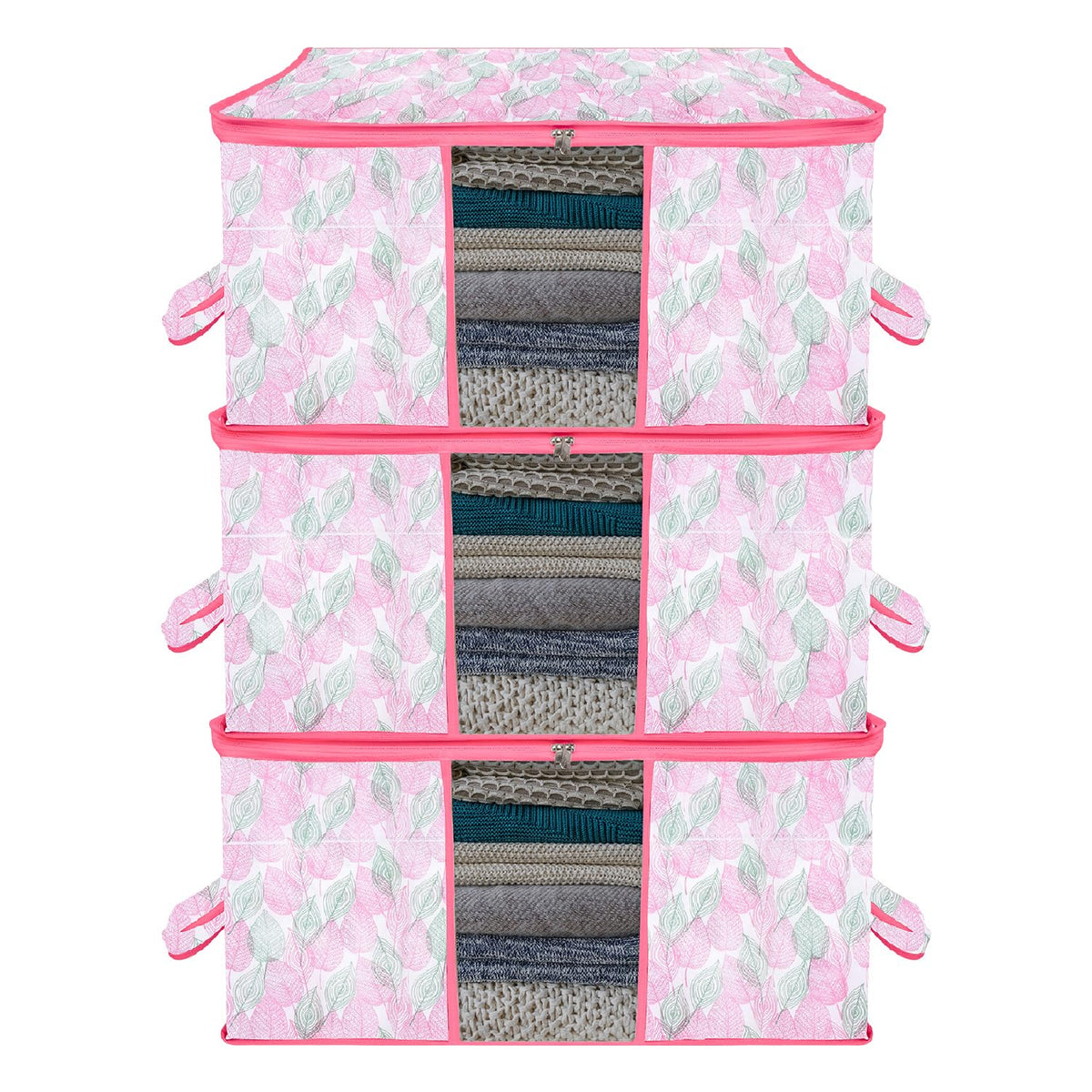 Heart Home Underbed Storage Bag | Clothes Storage Organizer | Blanket Cover with Clear Window | Zipper Closure & Handle Cloth Organizer | Flower Patta-Design | Large | Pack of 3 | Pink