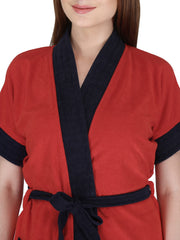 Kuber Industries Women Bathrobe, Micro Terry, Red with Navy Stripes, Free Size, Set of 1