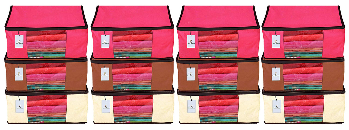 Kuber Industries 12 Piece Non Woven Fabric Saree Cover Set with Transparent Window, Extra Large, Ivory,Pink,Dark Brown-CTKTC23804