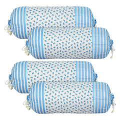 Heart Home Bolster Covers | Cotton Bolster Cover Set | Diwan Bolster Cover Set | Bolster Pillow Cover | Blue Flower Masand Cover | 16x32 Inch | Pack of 4 | White