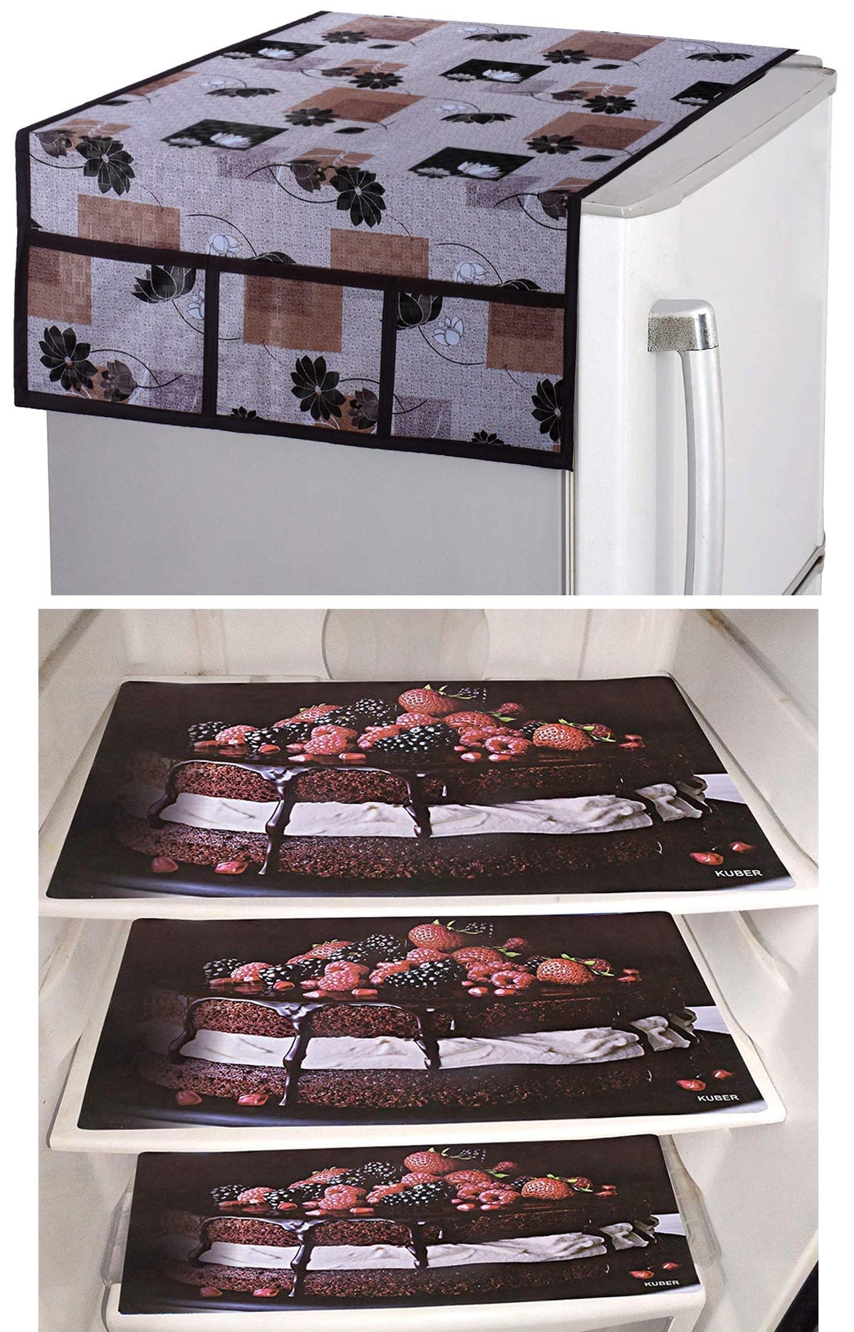 Kuber Industries Cake Design 3 Pieces PVC Fridge Mats and Flower Design 1 Piece Fridge Top Cover (Brown) - CTKTC039767
