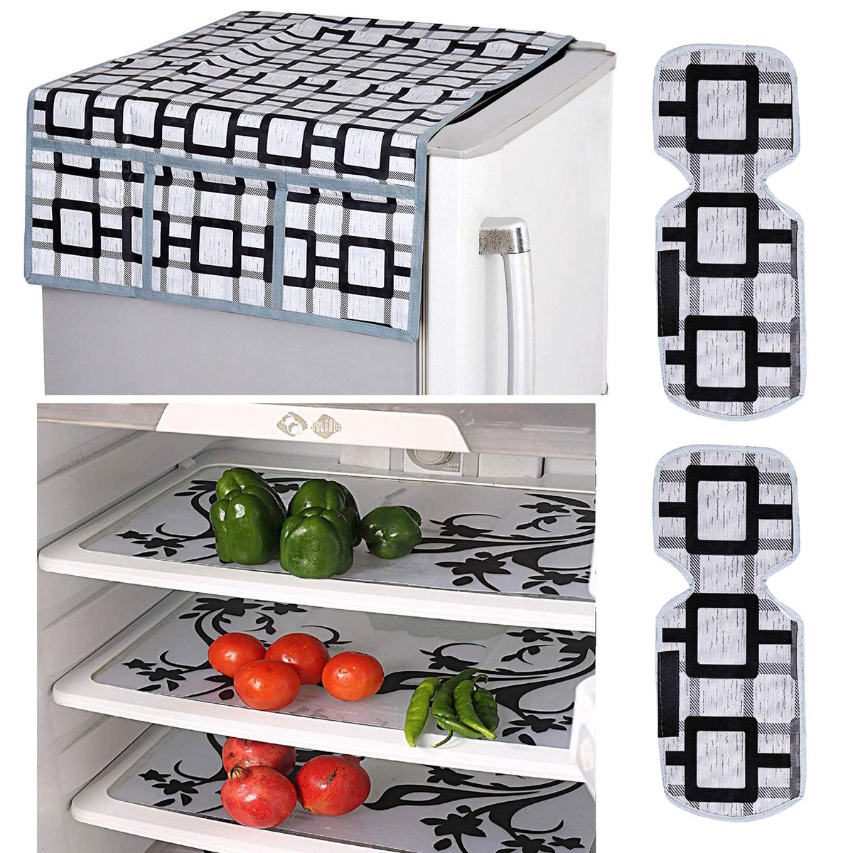 Kuber Industries Birds Design Combo of PVC 3 Pieces Fridge Mats, 1 Piece Handle Cover and 1 Piece Fridge Top Cover (Grey) - CTKTC22409