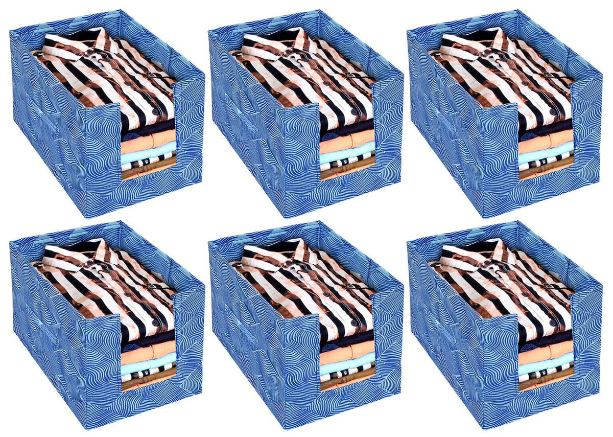 Heart Home Lehariya Printed Non-Woven Foldable Shirt Stacker Closet Organizer With Handles- Pack of 6 (Blue)-HS43HEARTH26494