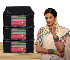 Homestic Set of 3 Foldable Non Woven saree covers with Zip|Saree & Clothes Organiser for wardrobe |Transparent Window With Premium Zipper|Suitable for Lehenga, Suit, Dress (Black)