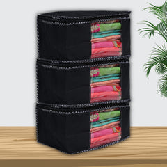 Homestic Set of 3 Foldable Non Woven saree covers with Zip|Saree & Clothes Organiser for wardrobe |Transparent Window With Premium Zipper|Suitable for Lehenga, Suit, Dress (Black)