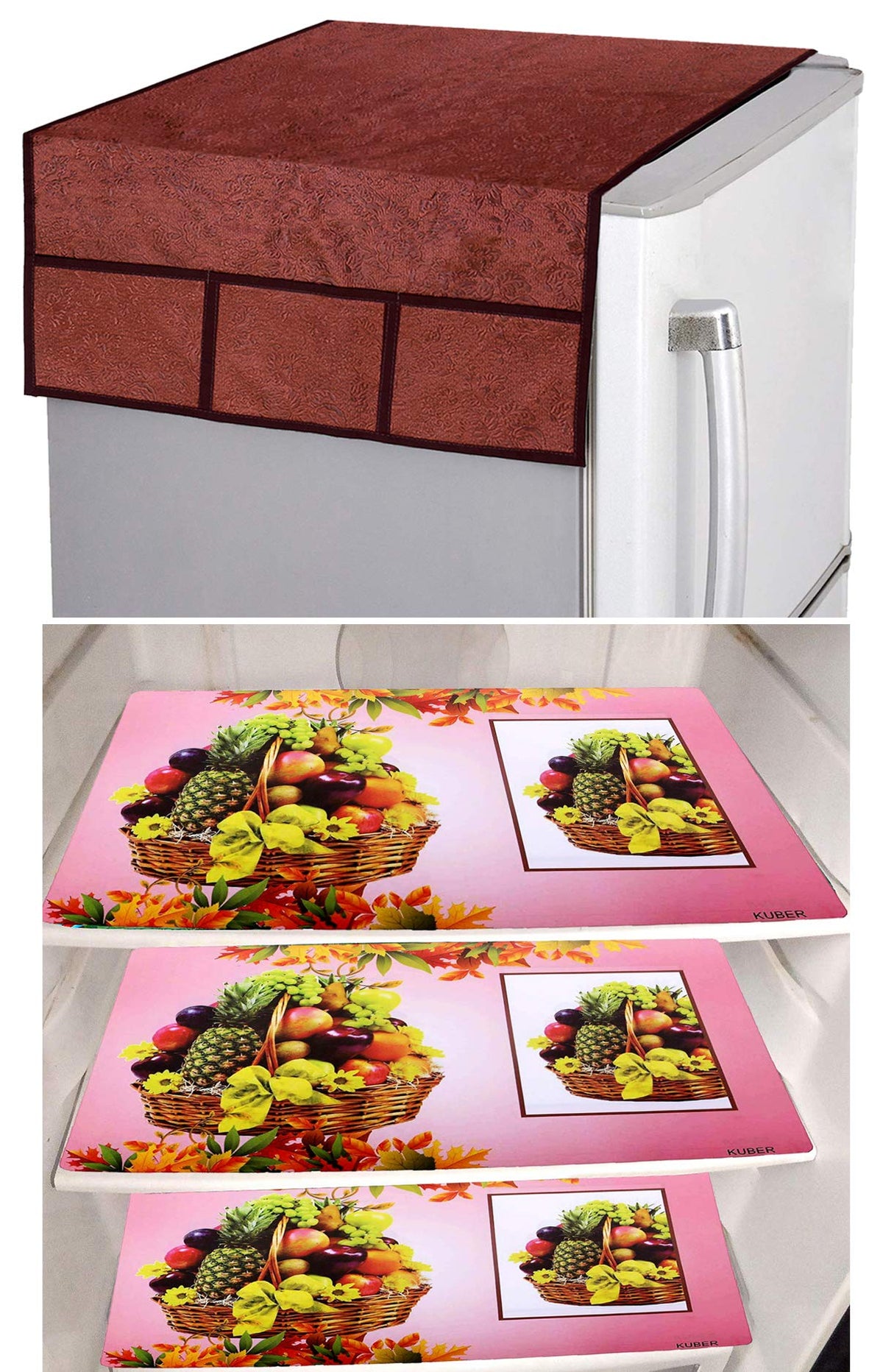 Kuber Industries Fruit Basket Design 3 Pieces PVC Fridge Mats and 1 Piece Fridge Top Cover (Maroon) - CTKTC039631