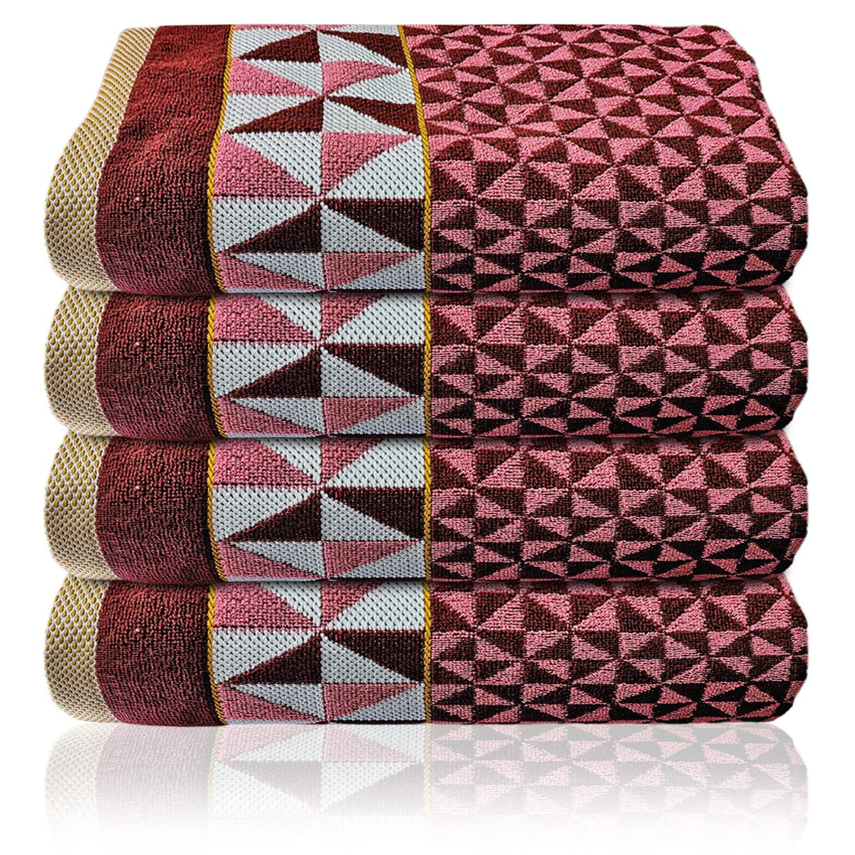Heart Home Multiuses Tringle Printed Soft Cotton Bath Towel, 30"x60" - Pack of 4 (Maroon)