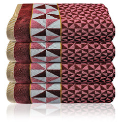 Heart Home Multiuses Tringle Printed Soft Cotton Bath Towel, 30"x60" - Pack of 4 (Maroon)