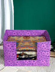 Heart Home Flower Printed Multiuses Non-Woven Closet Organizer, Storage Bin, Shelf Storage Oragnizer With Handle- Pack of 2 (Purple)-HS43HEARTH26383