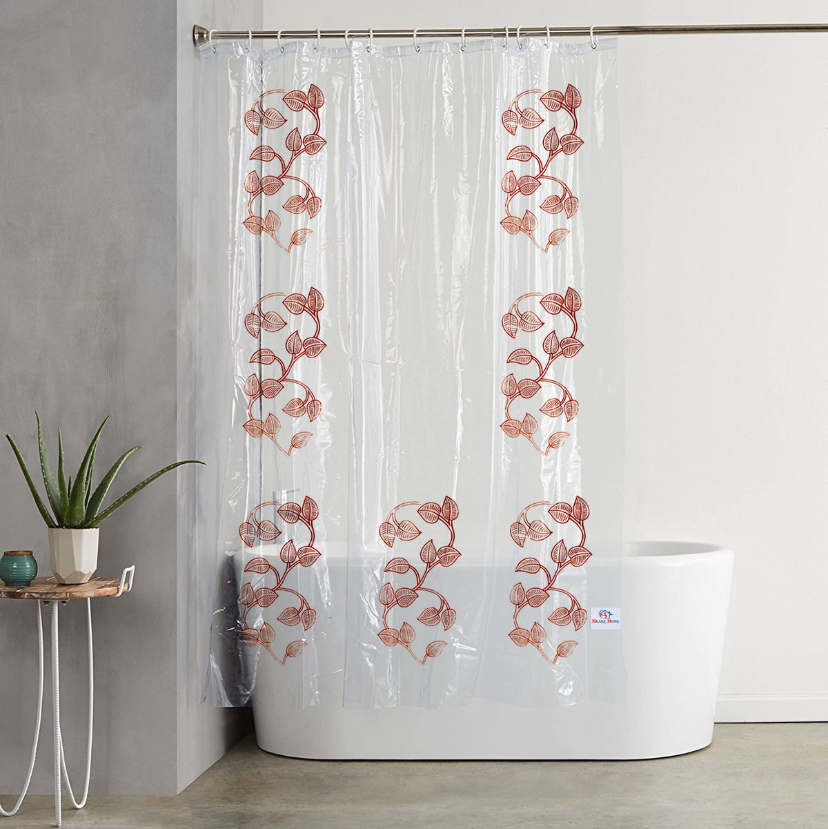 Heart Home 0.30mm Leaf Printed PVC AC/Shower Curtain with Hooks,7 Feet (Transparent)