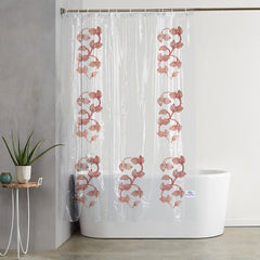 Heart Home 0.30mm Leaf Printed PVC AC/Shower Curtain with Hooks,7 Feet (Transparent)