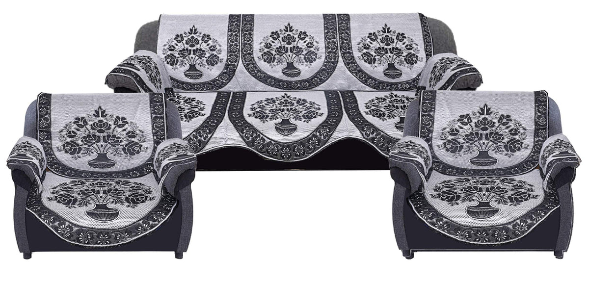 Heart Home Flower Pot Design Cotton 6 Pieces 5 Seater Sofa Cover (Grey & Brown)- (CTHH06232)