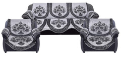 Heart Home Flower Pot Design Cotton 6 Pieces 5 Seater Sofa Cover (Grey & Brown)- (CTHH06232)