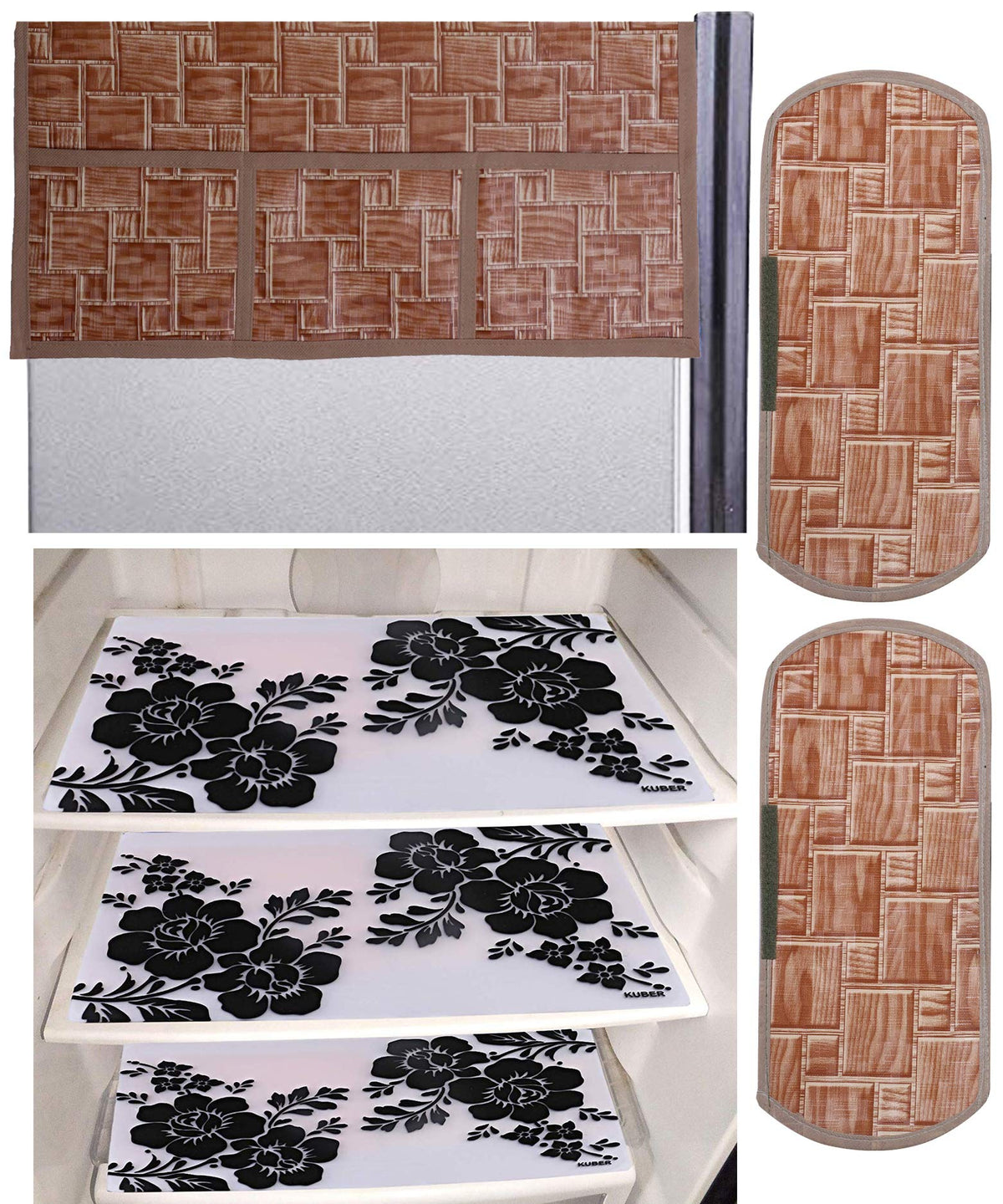 Kuber Industries Flower Design 3 Pieces PVC Fridge Mats,Wooden Checkered 2 Piece Handle Cover and 1 Piece Fridge Top Cover (Brown) - CTKTC39874