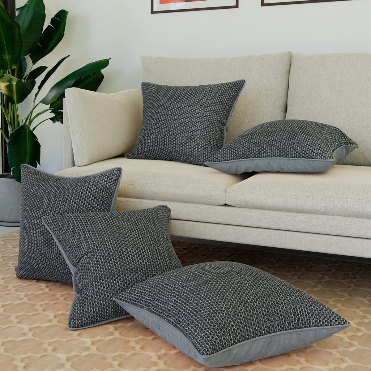 Kuber Industries Cushion Cover | Sofa Cushion Covers | Square Cushion Covers | Jute Cushion Covers | Couch Cushion Covers | Set of 5 | 16 Inch | Gray