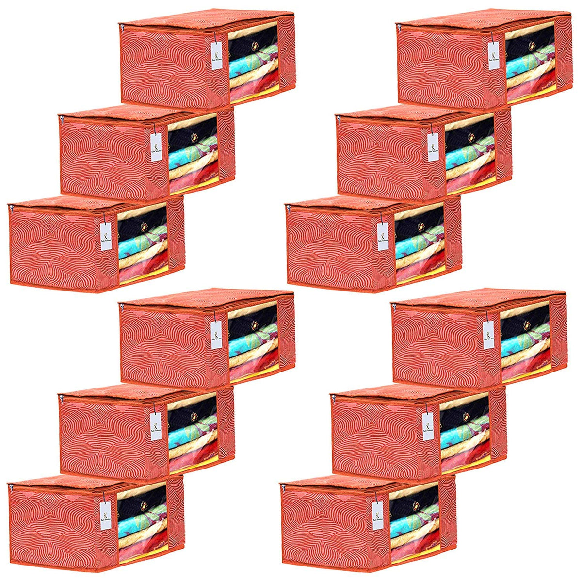 Kuber Industries Laheriya Design 12 Piece Non Woven Fabric Saree Cover Set with Transparent Window, Extra Large, Orange-CTKTC31935