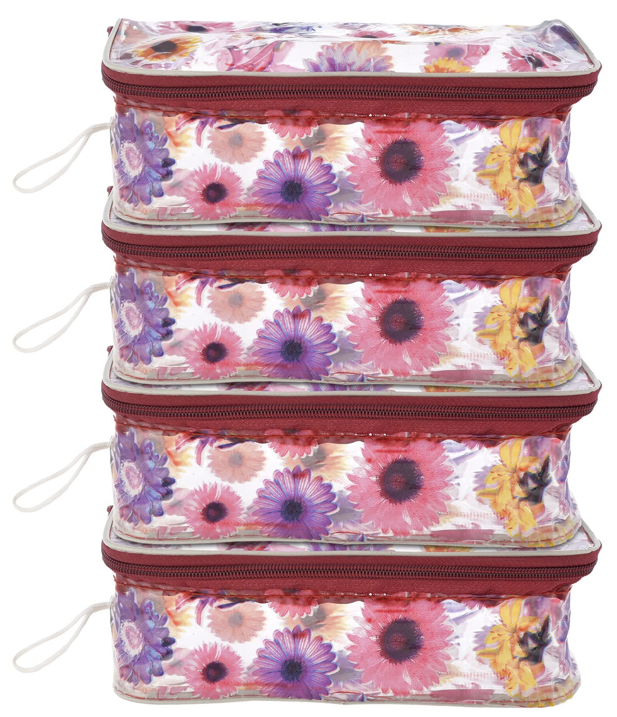 Fun Homes Flower Printed Tranasparent Multiuses PVC Pouch/Bag For Vacation, Bathroom, Organizing With Carrying Strip- Pack of 4 (MultiColor)-44FH0601