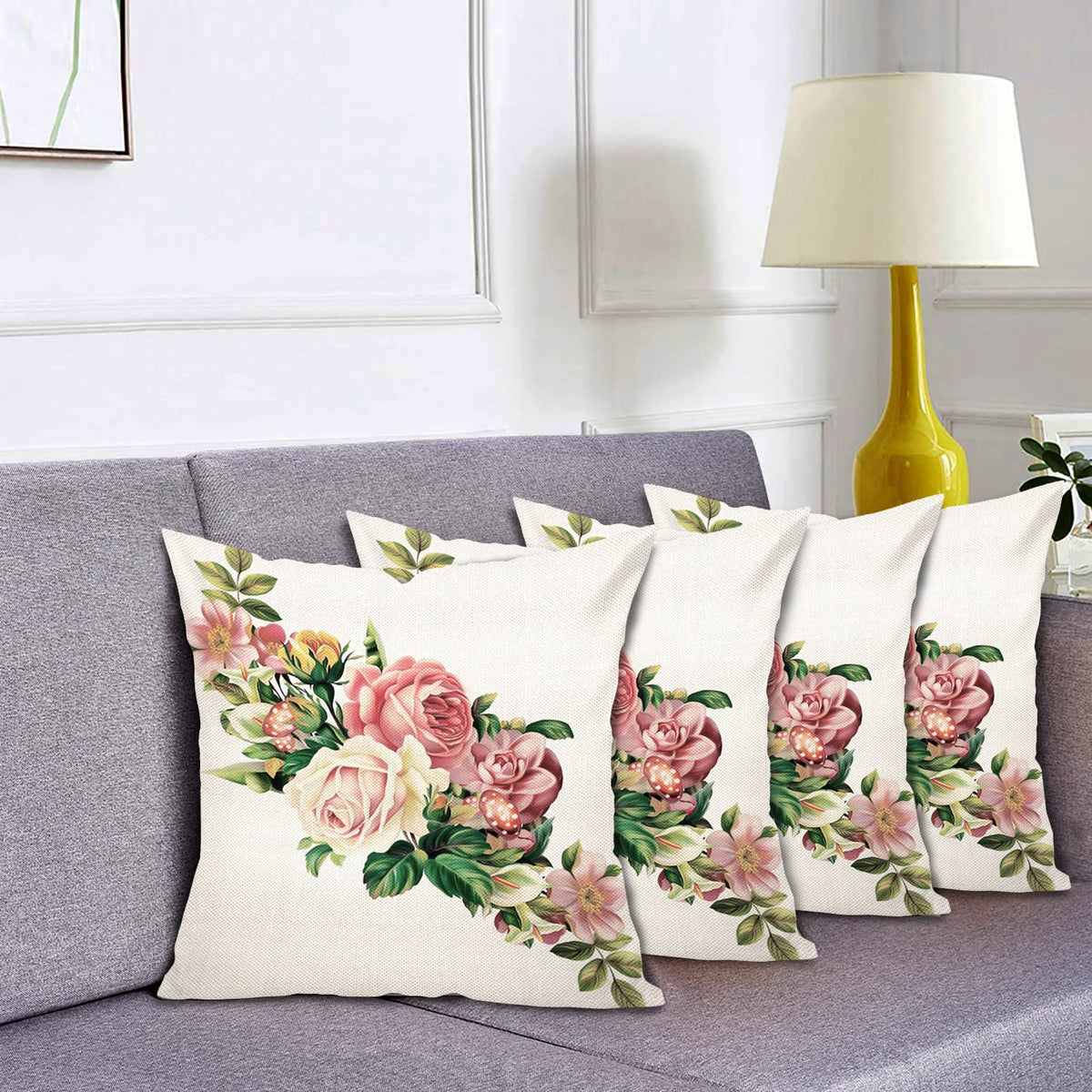 Kuber Industries Flower Print Soft Decorative Square Cushion Cover, Cushion Case For Sofa Couch Bed 16x16 Inch- Pack of 5 (White)